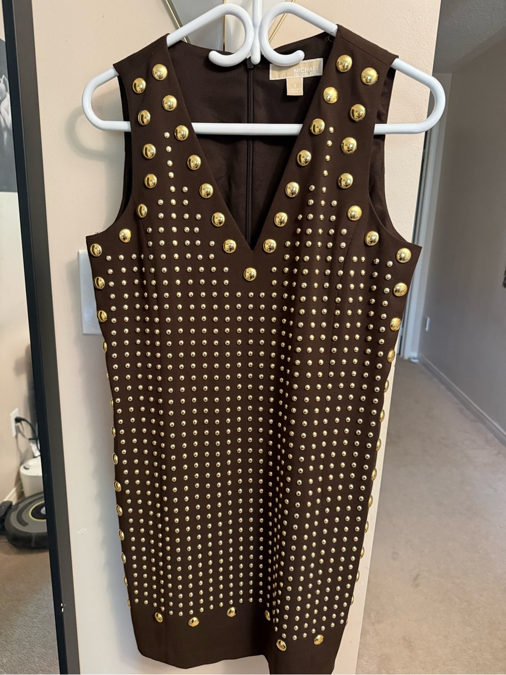 Michael Kors Chocolate Brown Studded V-Neck Mini Dress